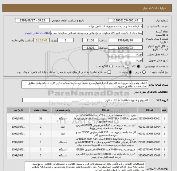 استعلام قطعات وتجهیزات مربوط به کامپیوتر اعم ازکنترلر،منبع تغذیه ،ریدسیستم،کارت فیبر،کارت شبکه وهاردمطابق بامشخصات اعلامی درپیوست
