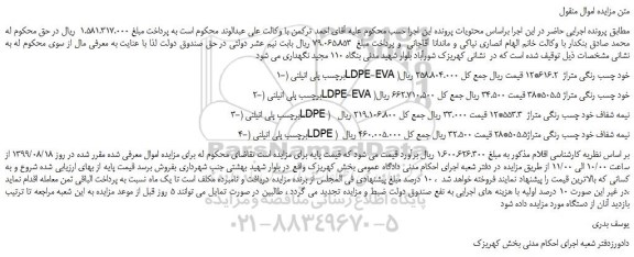 مزایده،مزایده فروش برچسب پلی اتیلنی (LDPE-EVA )خود چسب رنگی متراژ 616.2*12 و...