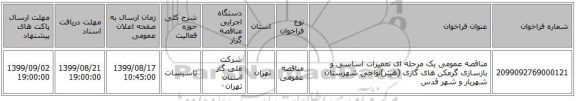 مناقصه عمومی یک مرحله ای تعمیرات اساسی و بازسازی گرمکن های گازی (هیتر)نواحی شهرستان شهریار و شهر قدس