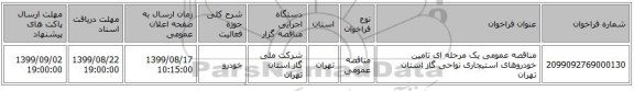 مناقصه عمومی یک مرحله ای تامین خودروهای استیجاری نواحی گاز استان تهران