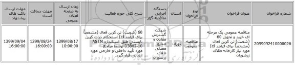 مناقصه عمومی یک مرحله ای خرید و تحویل 60 (شصت) تن کربن فعال (مشخصاً برای فرآیند cil) مورد نیاز کارخانه طلای زرشوران