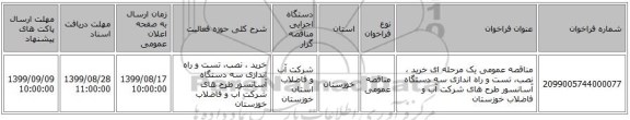 مناقصه عمومی یک مرحله ای خرید ، نصب، تست و راه اندازی  سه دستگاه آسانسور طرح های شرکت آب و فاضلاب خوزستان