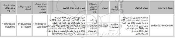 مناقصه عمومی یک مرحله ای خرید لوله پلی اتیلن 400 م م به مقدار 180 متر، لوله پلی اتیلن 315  م م به مقدار264 متر، لوله پلی اتیلن 250  م م به مقدار624متر