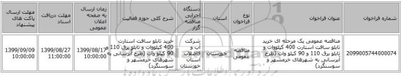 مناقصه عمومی یک مرحله ای خرید تابلو سافت استارت 400 کیلووات و تابلو برق 110 و 90 کیلو وات (طرح آبرسانی به شهرهای خرمشهر و سوسنگرد)