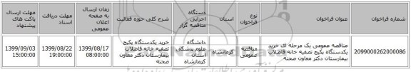 مناقصه عمومی یک مرحله ای خرید یکدستگاه پکیج تصفیه خانه فاضلاب بیمارستان دکتر معاون صحنه
