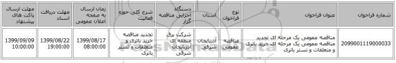 مناقصه عمومی یک مرحله ای تجدید مناقصه عمومی یک مرحله ای خرید باتری و متعلقات و تستر باتری