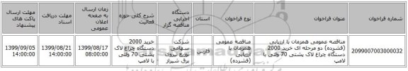مناقصه عمومی همزمان با ارزیابی (فشرده) دو مرحله ای خرید 2000 دستگاه چراغ لاک پشتی 70 ولتی با لامپ