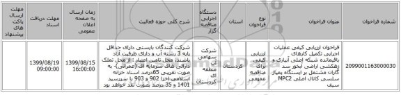 فراخوان ارزیابی کیفی عملیات اجرایی تکمیل کارهای باقیمانده شبکه اصلی آبیاری و زهکشی اراضی آبخور سد گاران مشتمل بر ایستگاه پمپاژ سلسی کانال اصلی MPC2 سیف