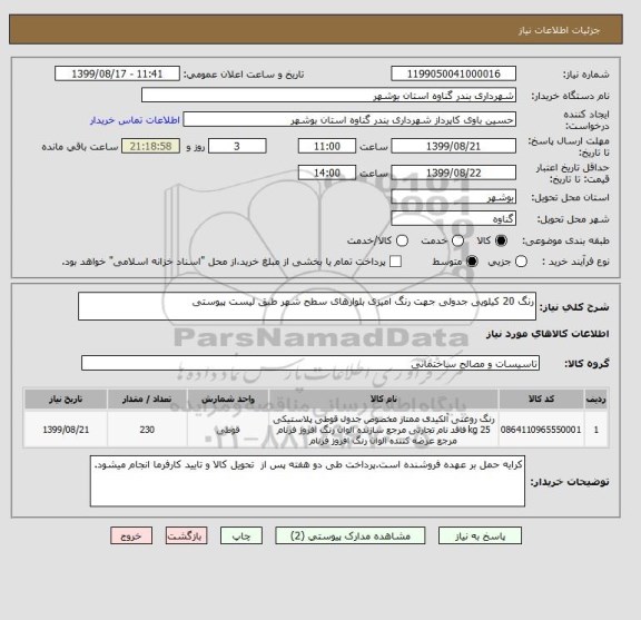 استعلام رنگ 20 کیلویی جدولی جهت رنگ امیزی بلوارهای سطح شهر طبق لیست پیوستی