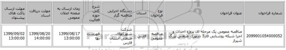 مناقصه عمومی یک مرحله ای پروژه احداث و اجرا شبکه روشنایی فاز5 شهرک صنعتی بزرگ شیراز