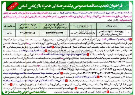 تجدید فراخوان مناقصه , تجدید فراخوان مناقصه پروژه احداث 30 بلوک 18 واحدی منازل سازمانی  - نوبت دوم