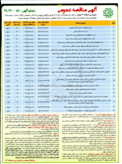 آگهی مناقصه عمومی ,مناقصه خرید تجهیزات حمل و نقل عمومی و ...