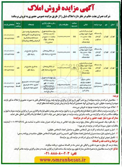 آگهی مزایده مزایده فروش املاک کاربری آپارتمان مسکونی