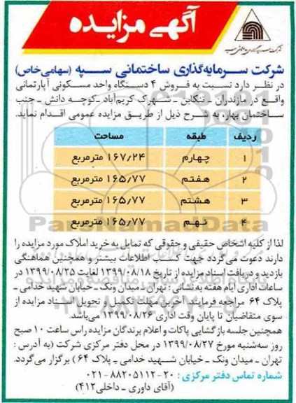آگهی مزایده مزایده فروش 4 دستگاه واحد مسکونی آپارتمان