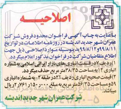 اصلاحیه مزایده فروش تعداد محدودی از پارکینگ ها و انبارهای بازار
