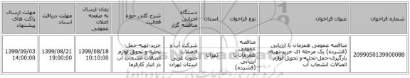 مناقصه عمومی همزمان با ارزیابی (فشرده) یک مرحله ای خرید-تهیه-بارگیری-حمل-تخلیه-و تحویل لوازم اتصالات انشعاب آب