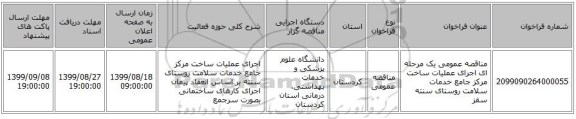 مناقصه عمومی یک مرحله ای اجرای عملیات ساخت مرکز جامع خدمات سلامت روستای سنته سقز
