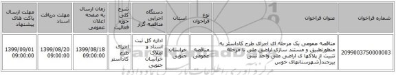مناقصه عمومی یک مرحله ای اجرای طرح کاداستر  به منظورتطبیق و مستند سازی اراضی ملی تا مرحله تثبیت  از پلاکها ی اراضی ملی واحد ثبتی بیرجند(شهرستانهای خوس