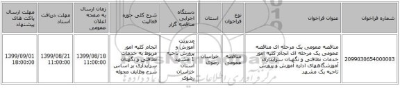 مناقصه عمومی یک مرحله ای مناقصه عمومی یک مرحله ای انجام کلیه امور خدمات نظافتی و نگهبان سرایداری آموزشگاههای اداره آموزش و پرورش ناحیه یک مشهد 