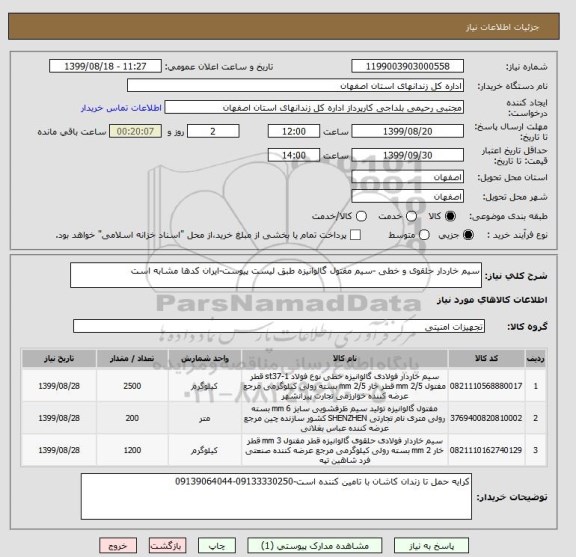 استعلام سیم خاردار حلقوی و خطی -سیم مفتول گالوانیزه طبق لیست پیوست-ایران کدها مشابه است