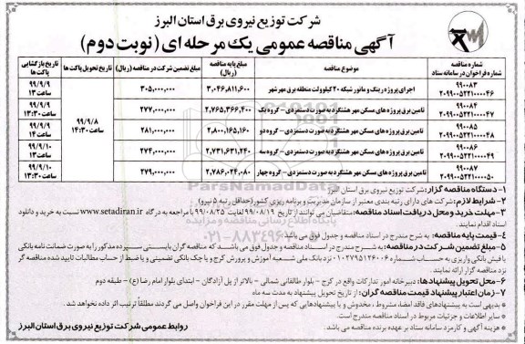مناقصه عمومی ,مناقصه خرید اجرای پروژه رینگ و مانور شبکه 20 کیلوولت ... نوبت دوم 