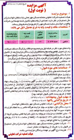 مزایده مزایده فروش تعدادی از واحدهای تکمیل شده 112 مترمربع نوبت اول 