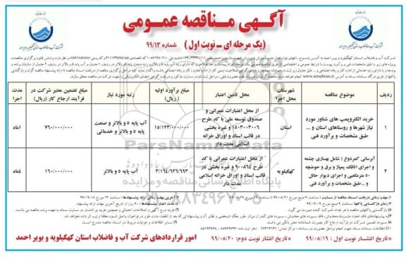 مناقصه عمومی, مناقصه خرید الکتروپمپ های شناور و ...