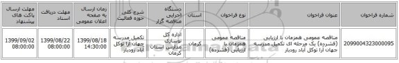مناقصه عمومی همزمان با ارزیابی (فشرده) یک مرحله ای تکمیل مدرسه جهان آرا توکل آباد رودبار