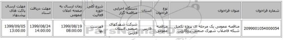 مناقصه عمومی یک مرحله ای پروژه تکمیل شبکه فاضلاب شهرک صنعتی یروکارزین