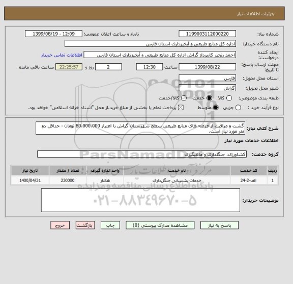 استعلام گشت و مراقبت از عرصه های منابع طبیعی سطح شهرستان گراش با اعتبار 80،000،000 تومان - حداقل دو نفر مورد نیاز است.