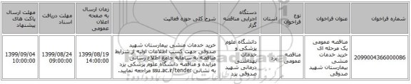 مناقصه عمومی یک مرحله ای خرید خدمات منشی بیمارستان شهید صدوقی