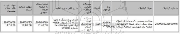 مناقصه عمومی یک مرحله ای اجرای پروژه رینگ و مانور شبکه 20 کیلوولت منطقه برق مهرشهر- مناقصه شماره 990083