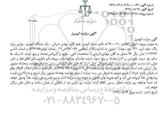 مزایده فروش یکدستگاه سواری پراید تیپ 131 مدل 94