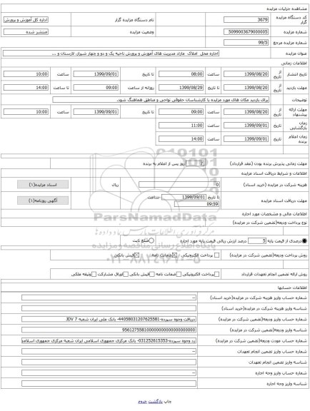 اجاره محل  املاک  مازاد مدیریت های آموزش و پرورش ناحیه یک و دو و چهار شیراز، لارستان و ...
