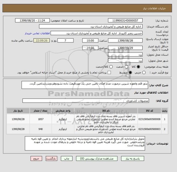 استعلام بذور قلم وانغوزه شیرین درصورت عدم امکان تامین حتی یک موردقیمت داده نشودوهردوبذربایدتامین گردد.