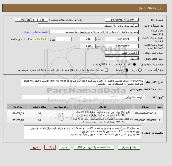 استعلام پایه چراغ 14 متری هشت وجهی به تعداد 26 عدد و هد 0.5 متری دو طرفه پایه چراغ هشت وجهی به تعداد 26 عدد مطابق با مشخصات فنی پیوست