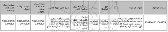 مناقصه عمومی یک مرحله ای تجدید مناقصه تکمیل آسفالت راه روستایی محور شبکه ای آداغان - قورشکاک - قره تپه ماکو