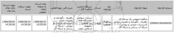 مناقصه عمومی یک مرحله ای راهبری ، نگهداری و تعمیرات جزئی تاسیسات حرارتی و برودتی ، شبکه آب رسانی و شبکه گاز
