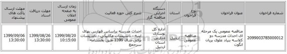 مناقصه عمومی یک مرحله ای احداث مدرسه دو کلاسه بنیاد علوی بریان انگوت