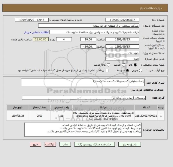 استعلام ژل ضدعفونی کننده و پاک کننده دست(معطر)