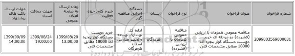 مناقصه عمومی همزمان با ارزیابی (فشرده) دو مرحله ای خرید دویست دستگاه کولر پنجره ای 18000 مطابق مشخصات فنی