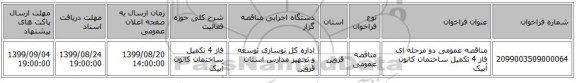 مناقصه عمومی دو مرحله ای فاز 4 تکمیل ساختمان کانون آبیک