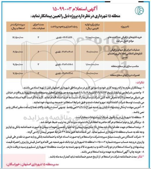 آگهی استعلام, استعلام خرید تابلوهای ترافیکی جدا کننده ها و موانع کنترل سرعت... 