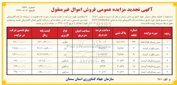 آگهی مزایده مزایده فروش 6 پلاک ثبتی کاربری مسکونی و تجاری
