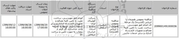 مناقصه عمومی همزمان با ارزیابی (فشرده) یک مرحله ای انجام امور مهندسی، ساخت، نصب، با تامین کلیه مصالح و تجهیزات لازم و راه اندازی و سایر خدمات جانبی
