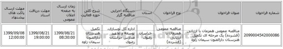 مناقصه عمومی همزمان با ارزیابی (فشرده) یک مرحله ای تکمیل هنرستان دارالفنون سیمان زاوه