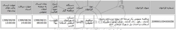 مناقصه عمومی یک مرحله ای پروژه  زیرسازی ،جدول گذاری ، رفوژ ، دال گذاری ، ساب بیس ، بیس و آسفالت و احداث پل شهرک صنعتی خنج  