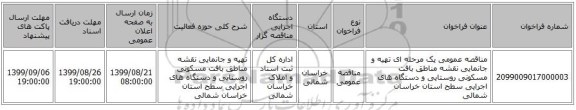 مناقصه عمومی یک مرحله ای تهیه و جانمایی نقشه مناطق بافت مسکونی روستایی و دستگاه های اجرایی سطح استان خراسان شمالی