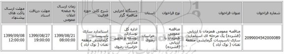 مناقصه عمومی همزمان با ارزیابی (فشرده) یک مرحله ای استاندارد سازی تاسیسات گرمایشی منطقه تفتان ( نوک آباد )