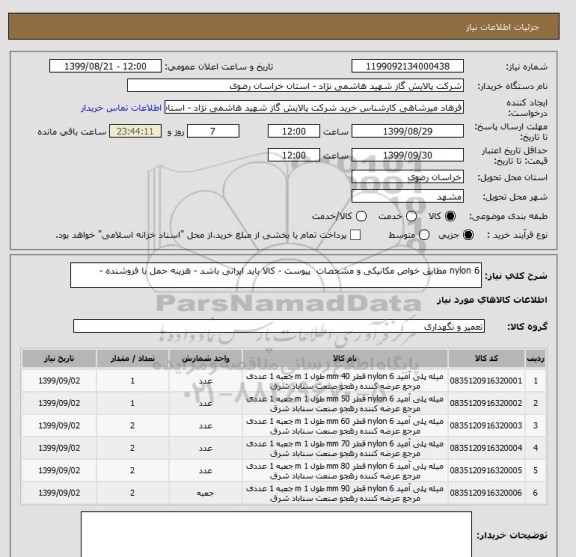 استعلام nylon 6 مطابق خواص مکانیکی و مشخصات  پیوست - کالا باید ایرانی باشد - هزینه حمل با فروشنده -
